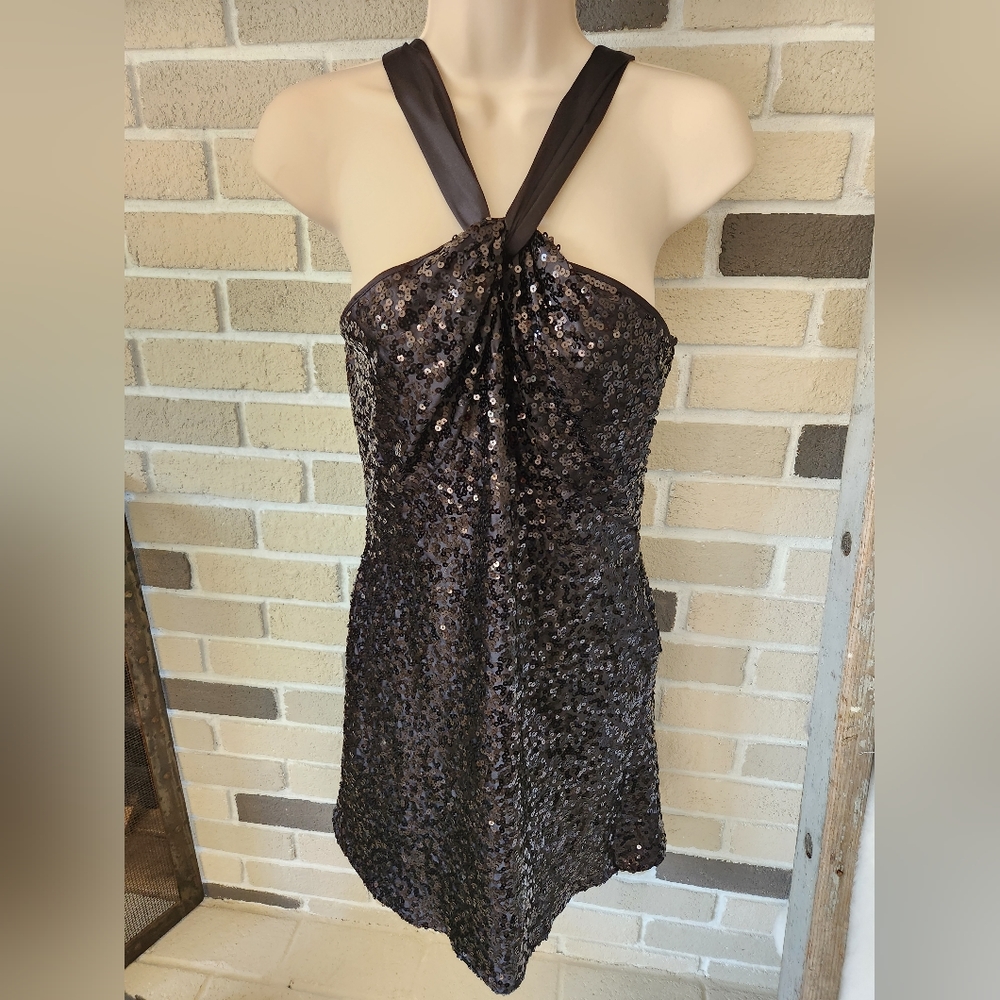 Tahari Y2K Black Sequin Halter Mini Dress Party Cocktail Size 6